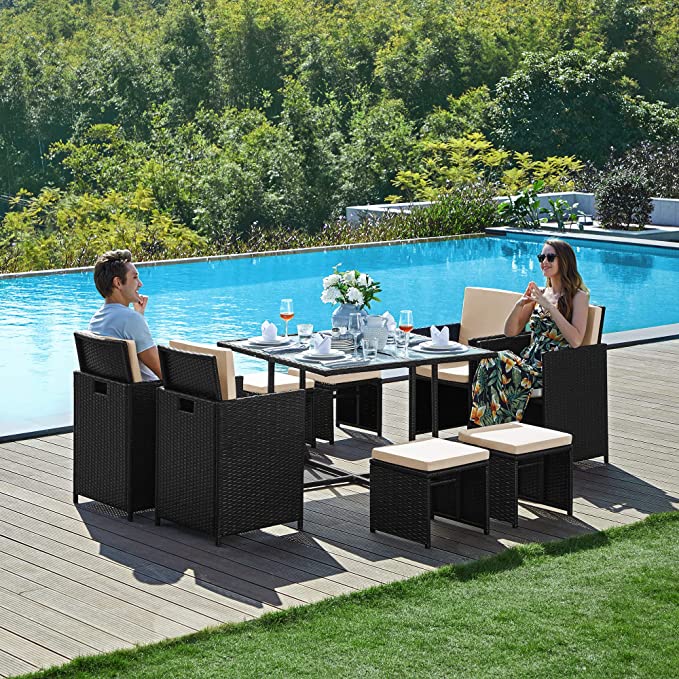 SONGMICS Garden Furniture Set Dining Table and Chairs, Set of 9 PE Rattan Outdoor Patio Furniture, Dining Furniture, Glass Top Coffee Table, with Cushions, Space-Saving, Black and Beige GGF091B02