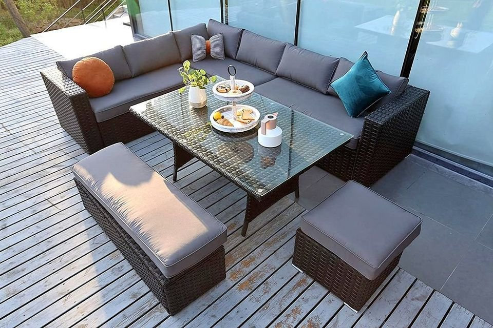 Ecosunny Rattan Garden Furniture Andrew 9 seaters Convertible Corner Sofa (288cm x 225cm x 81cm) Dining Table Set with Bench, Stool and Raincover, Flat pack - Mixed Grey Rattan and Light Grey Cushion