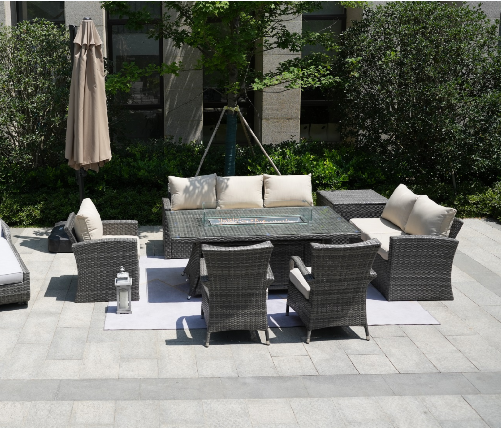 Wicker Patio Gray Wicker Conversational Seating Set with Rectangular Glass Fire Pit Table and Back Chair (Patio Set Option)