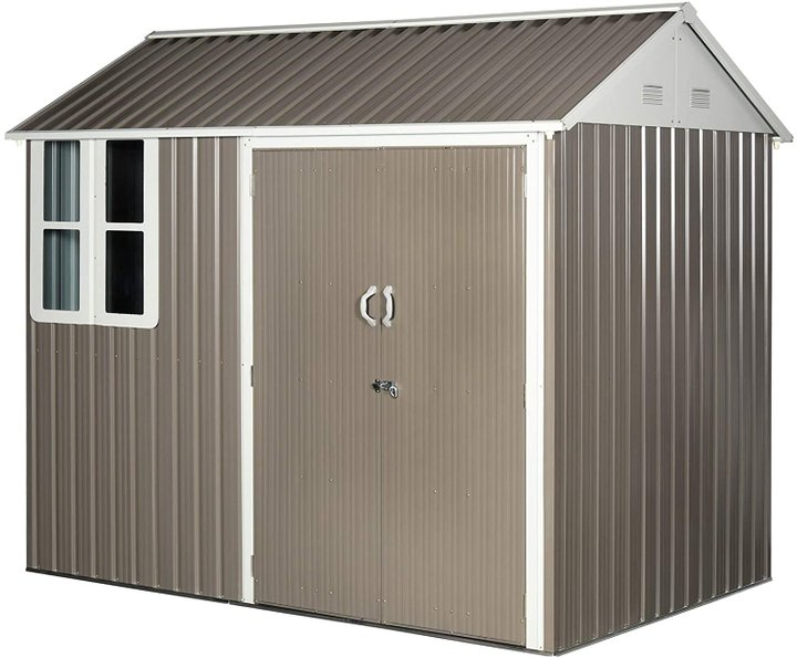 Outsunny 845-331 8 x 6 ft Corrugated Metal Shed w/Double Door Window Sloped Roof Outdoor Equipment Tool Storage Garden Grey