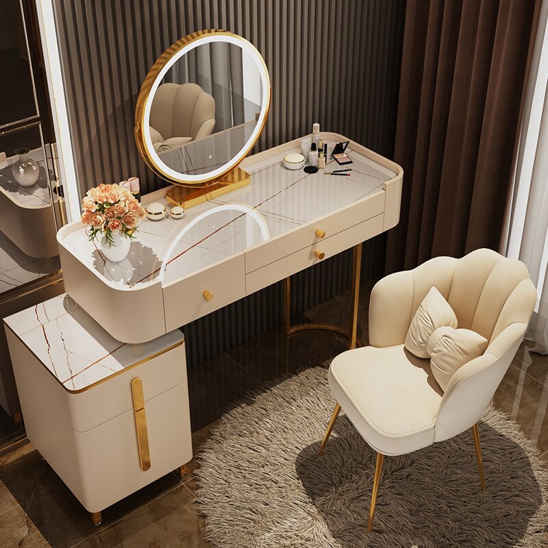 【Furniture】【BS】Nordic Dressing Table with Mirror, Stool & 3 Light Effect LED Mirrors, Golden Iron Dresser