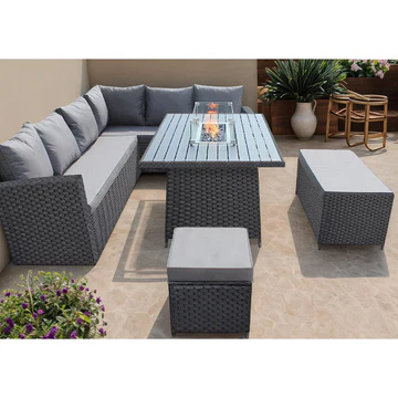 ROSEN 9 SEATER FIRE PIT RATTAN GARDEN FURNITURE CORNER DINING SOFA SET IN GREY