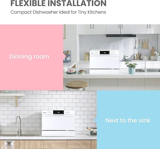 COMFEE' Portable Mini Dishwasher, Energy Star, Countertop, 6 Settings, 8 Wash Programs, Speed, Baby Care, Eco-Friendly Glass, Dormitory, RV and Apartment Dishwasher Washable, White