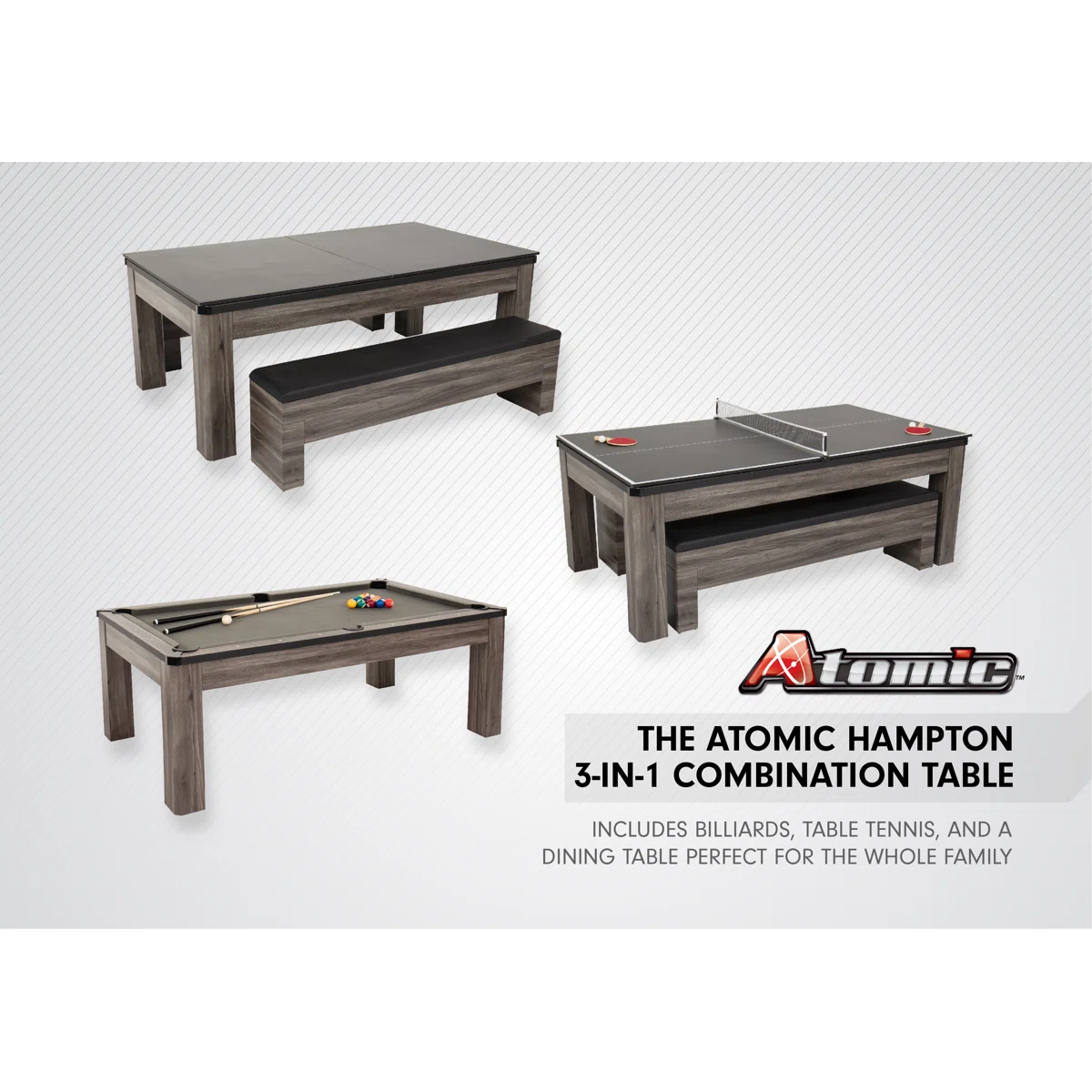 Atomic 7' Hampton 3-in-1 Combination Table Includes Billiards, Table Tennis, and Dining Table with Dual Storage Bench Seating