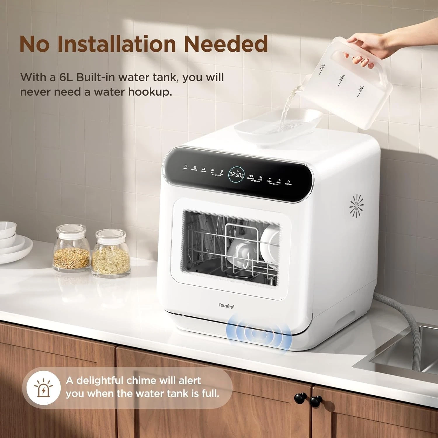COMFEE Table Top Dishwasher Mini Tabletop Dishwasher 6L Built-in Water Tank