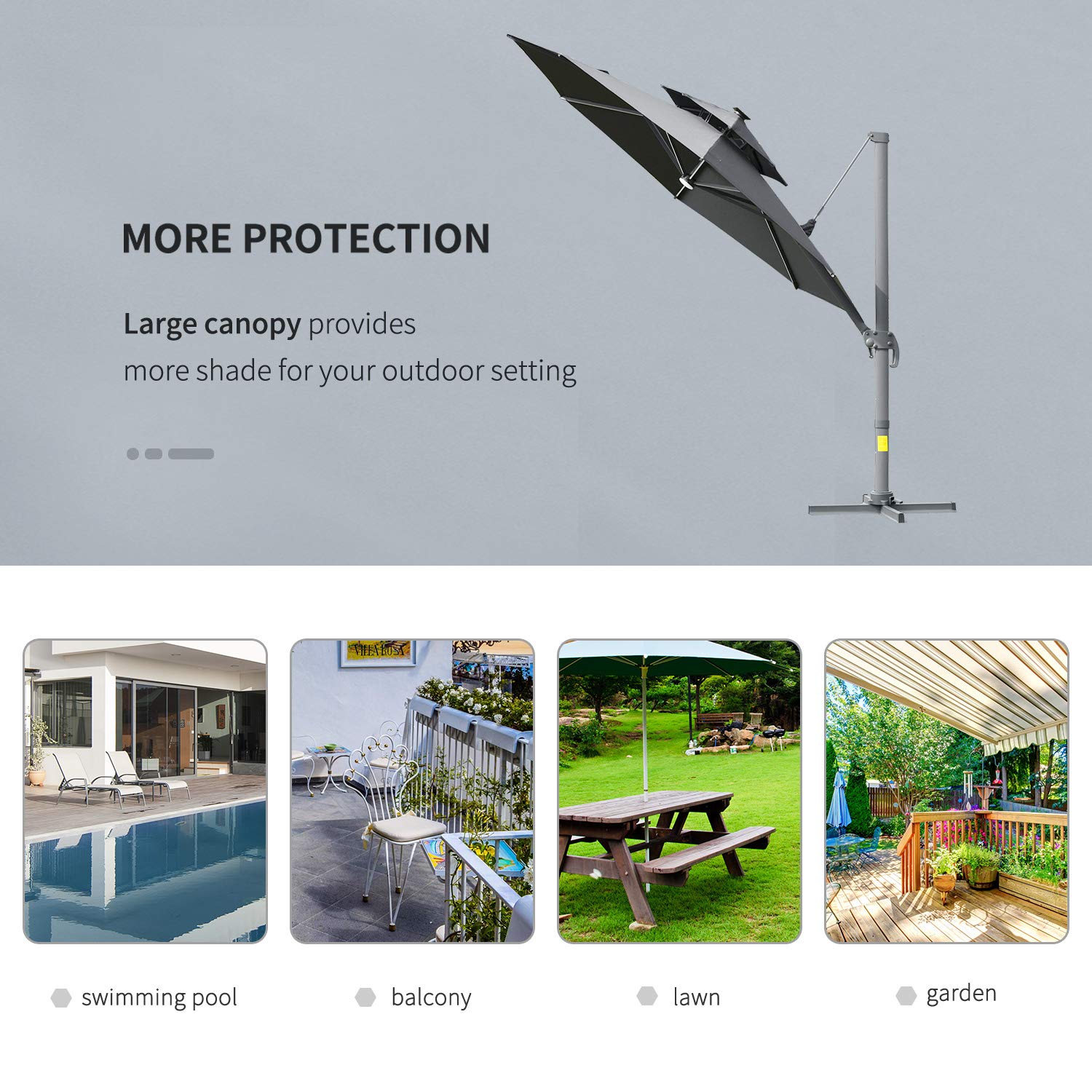 Outsunny 3(m) Cantilever Roma Parasol with LED Solar Lights, Crank & Tilt, Aluminium Frame, Cross Base and Adjustable Canopy 360° Rotating Sun Umbrella with 2-Tier Shade