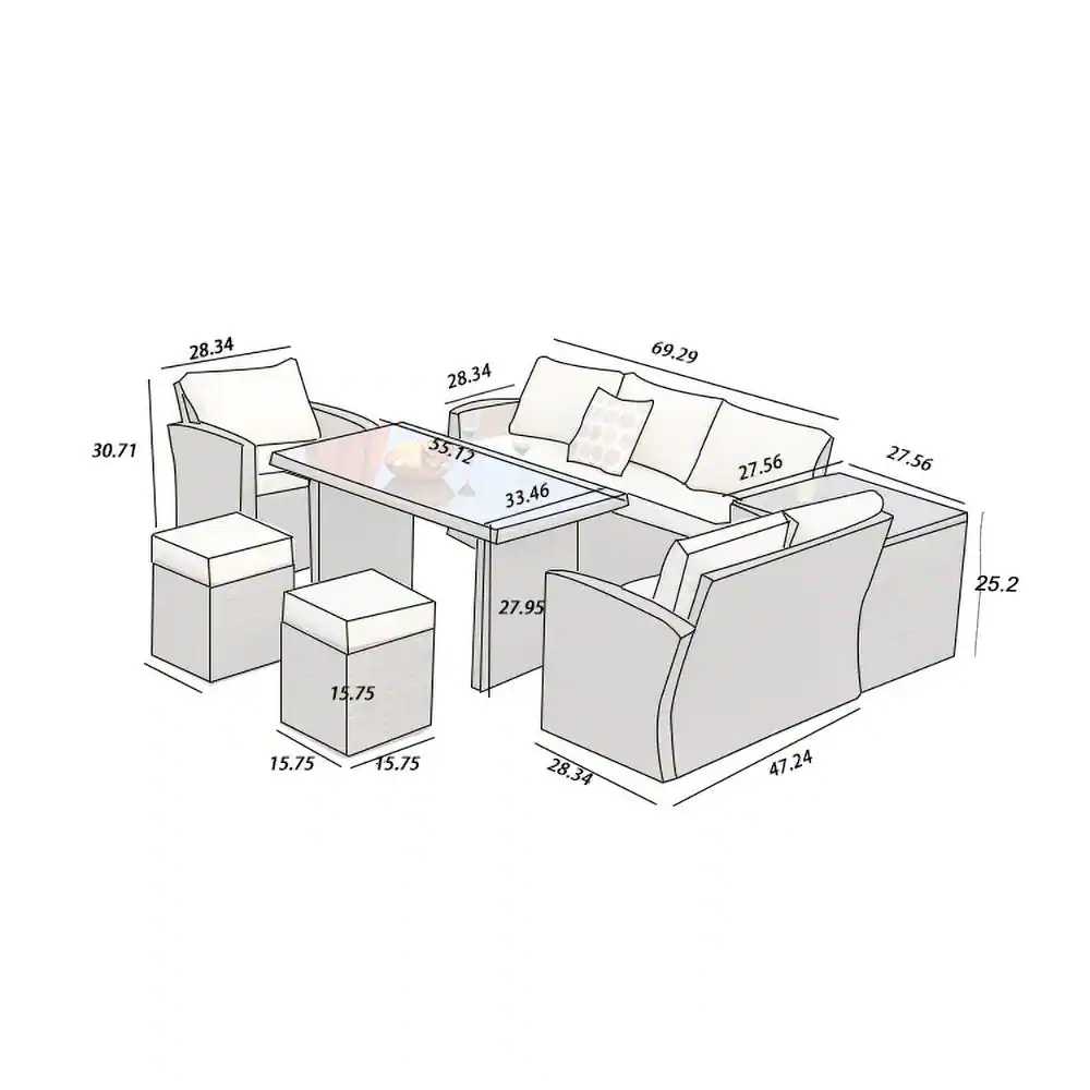 Beverly 7 Piece Steel Wicker Patio Furniture Outdoor Modular Sofa Set with Cushions and Ottomans