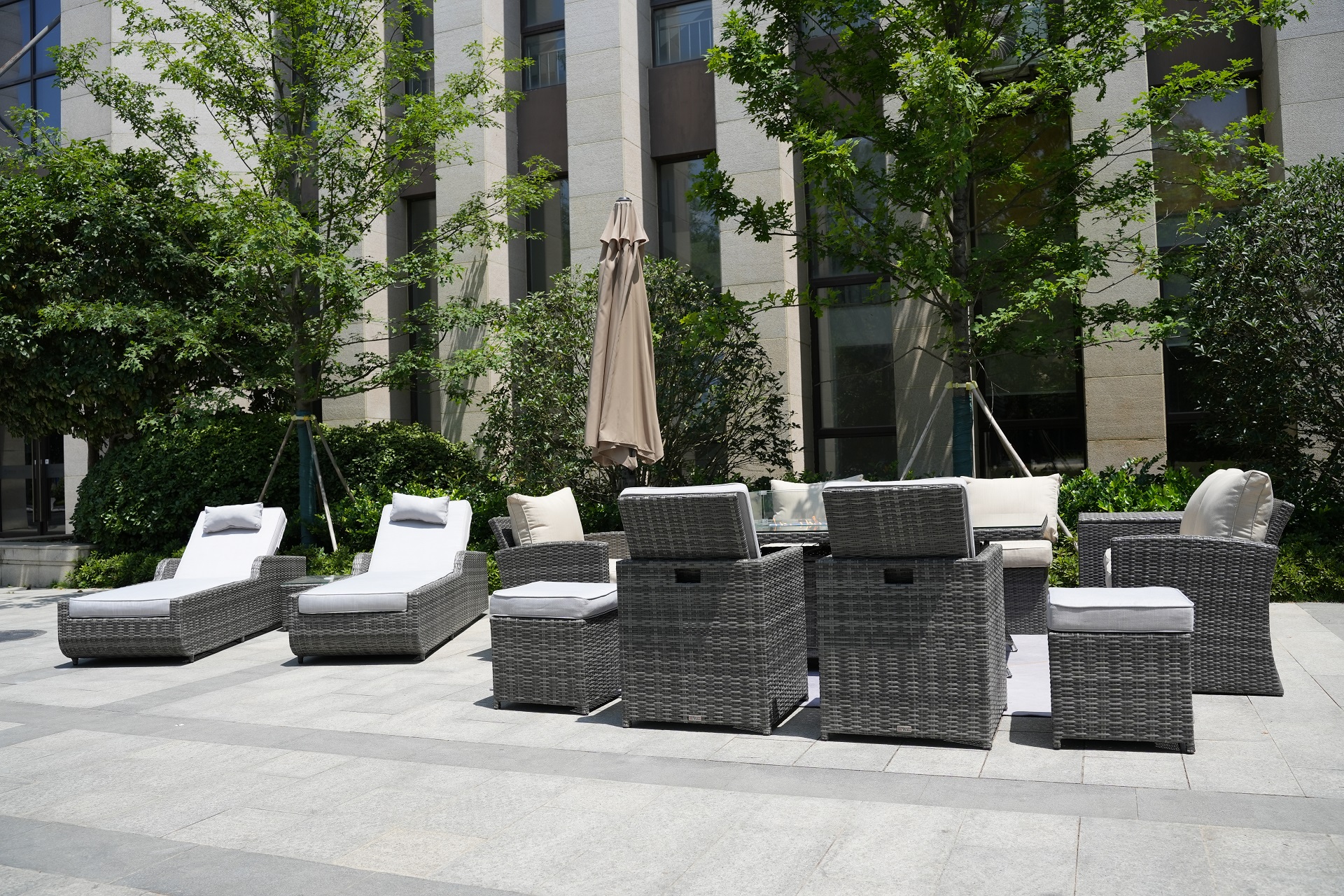 Wicker Patio Gray Wicker Conversational Seating Set with Rectangular Glass Fire Pit Table and Back Chair (Patio Set Option)