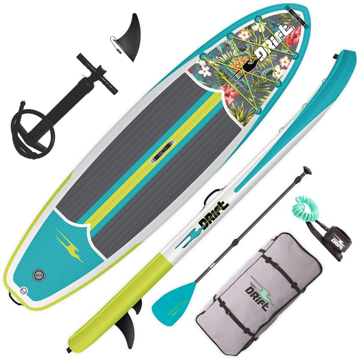 DRIFT Inflatable Stand Up Paddle Board, SUP with Paddle, Backpack Travel Bag, Pump, Fin, & Coiled Leash