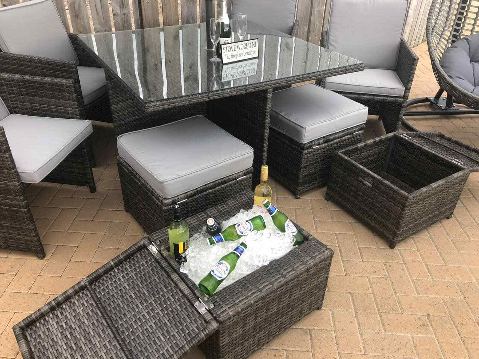 GREY RATTAN CUBE GARDEN FURNITURE SET PATIO DINING PARASOL ALUMINIUM IN STOCK