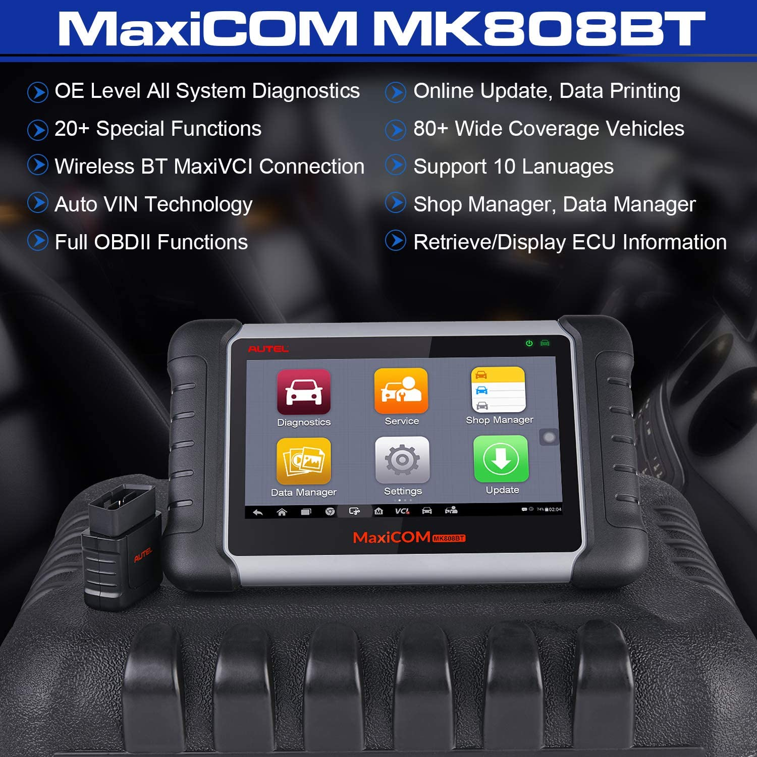 Autel MaxiCOM MK808BT Car Diagnostic Scan Tool, 2022 Newest Upgraded Ver. of MK808, MX808, All Systems Diagnosis & 25+ Services, ABS Bleed, Oil Reset, EPB, SAS, DPF, BMS, Throttle, Injector Coding