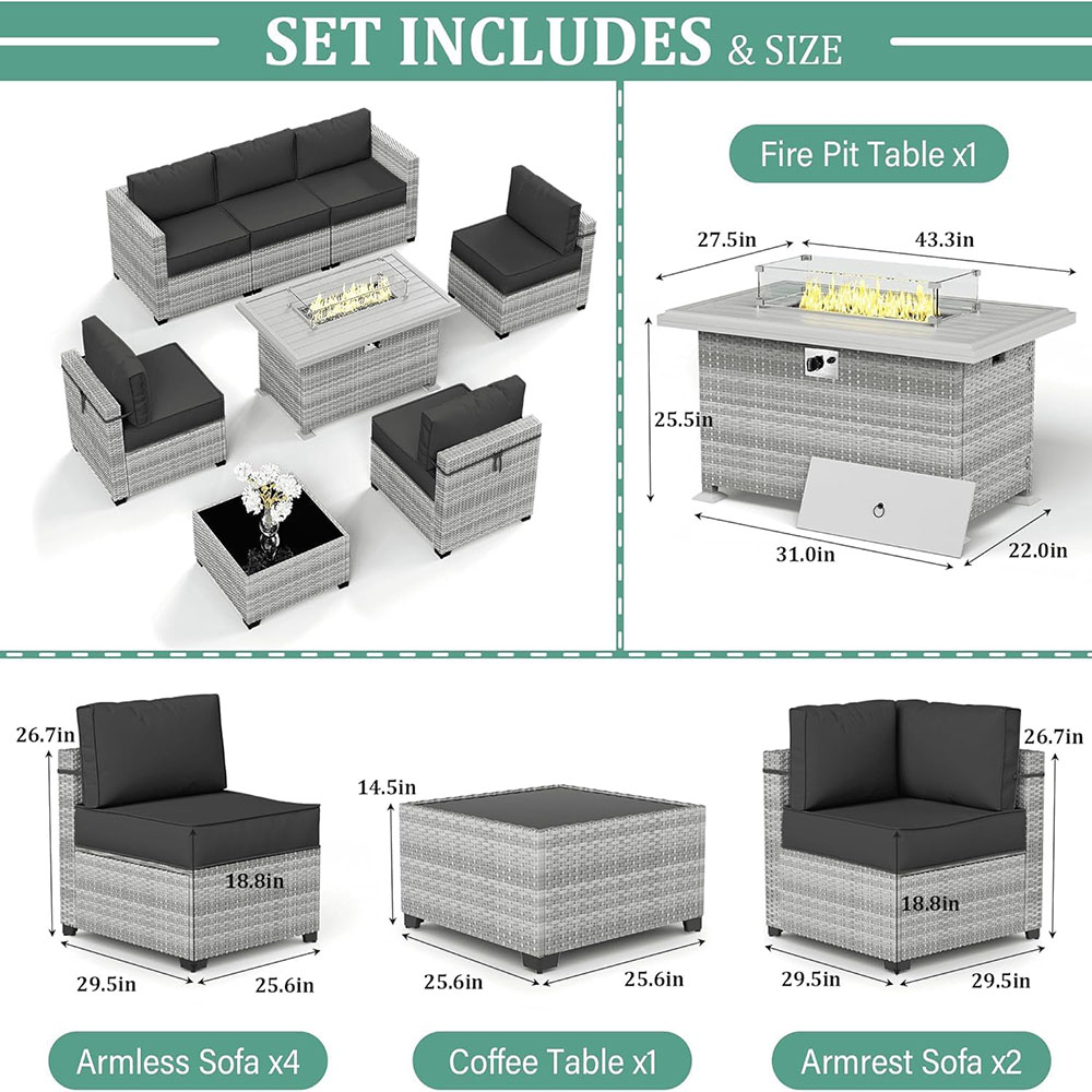 8-Piece Patio Furniture Set With Fire Pit Table, With 5